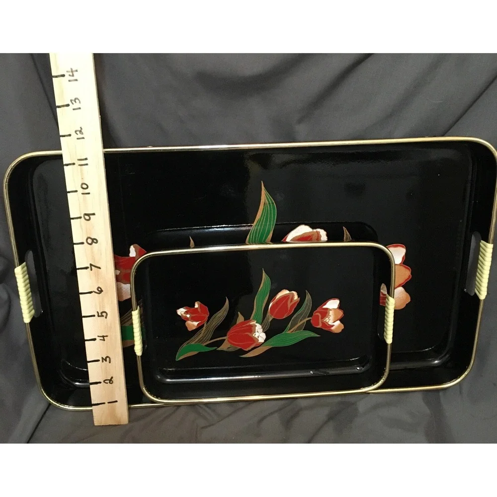 2 Vintage Asian Style Black Laquer Floral Trays with Tulip Florals